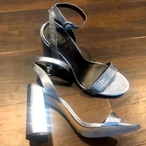 Metallic blue open toe heels